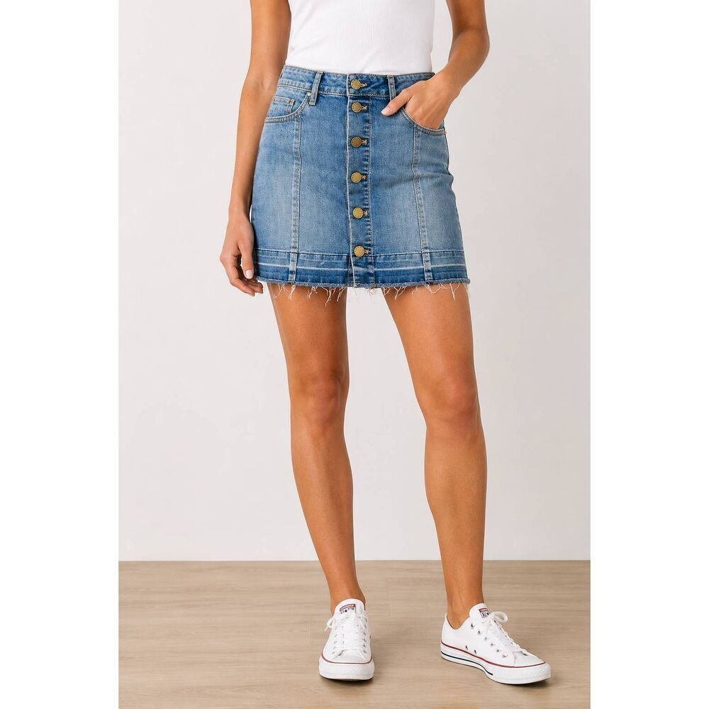 Articles of Society Alice Button Front Denim Mini Skirt Size 27 Raw Hem Blue